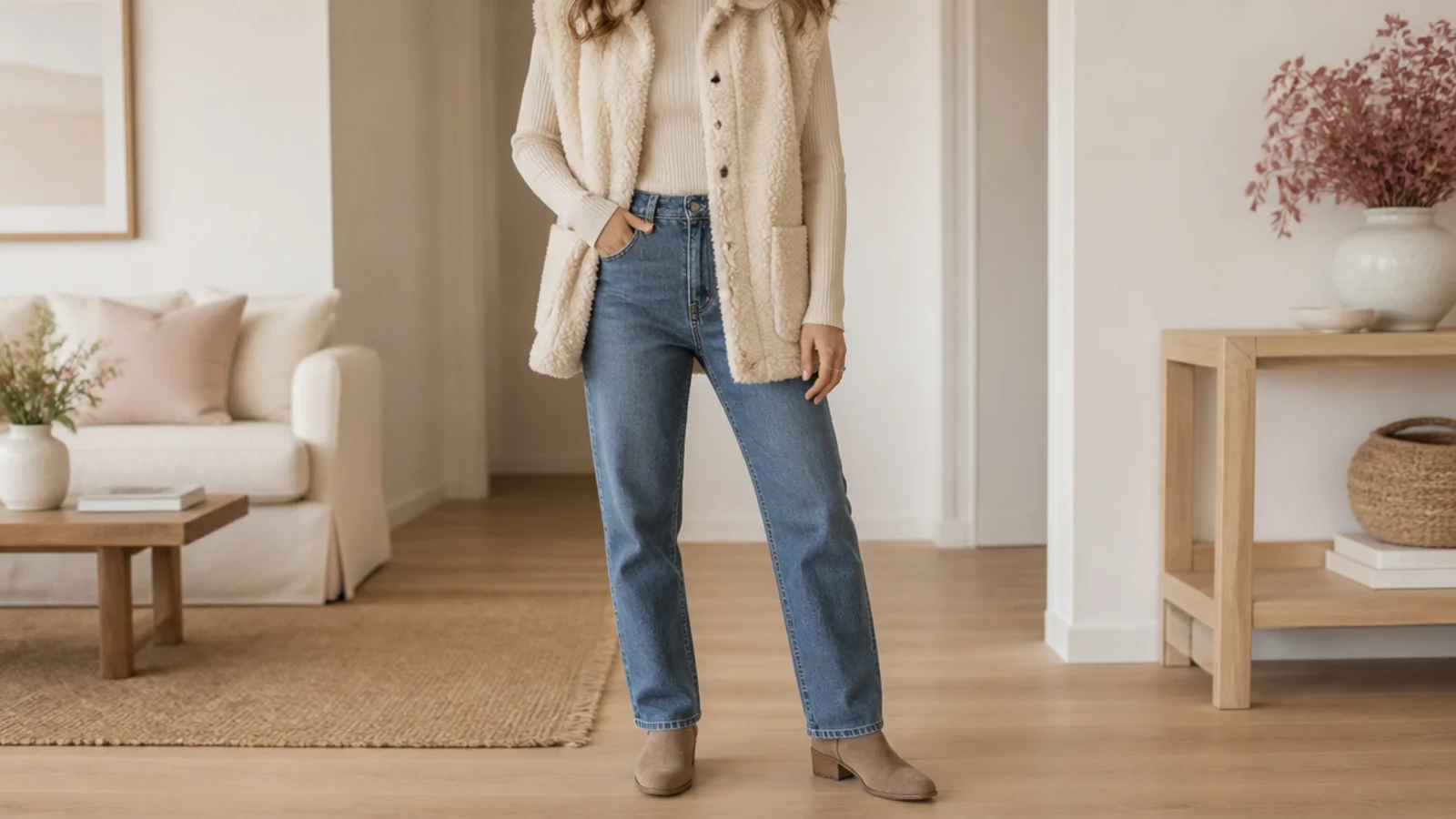 Faceless full-length shot of a cream shearling vest over a ribbed tee with mid-blue straight jeans and boots