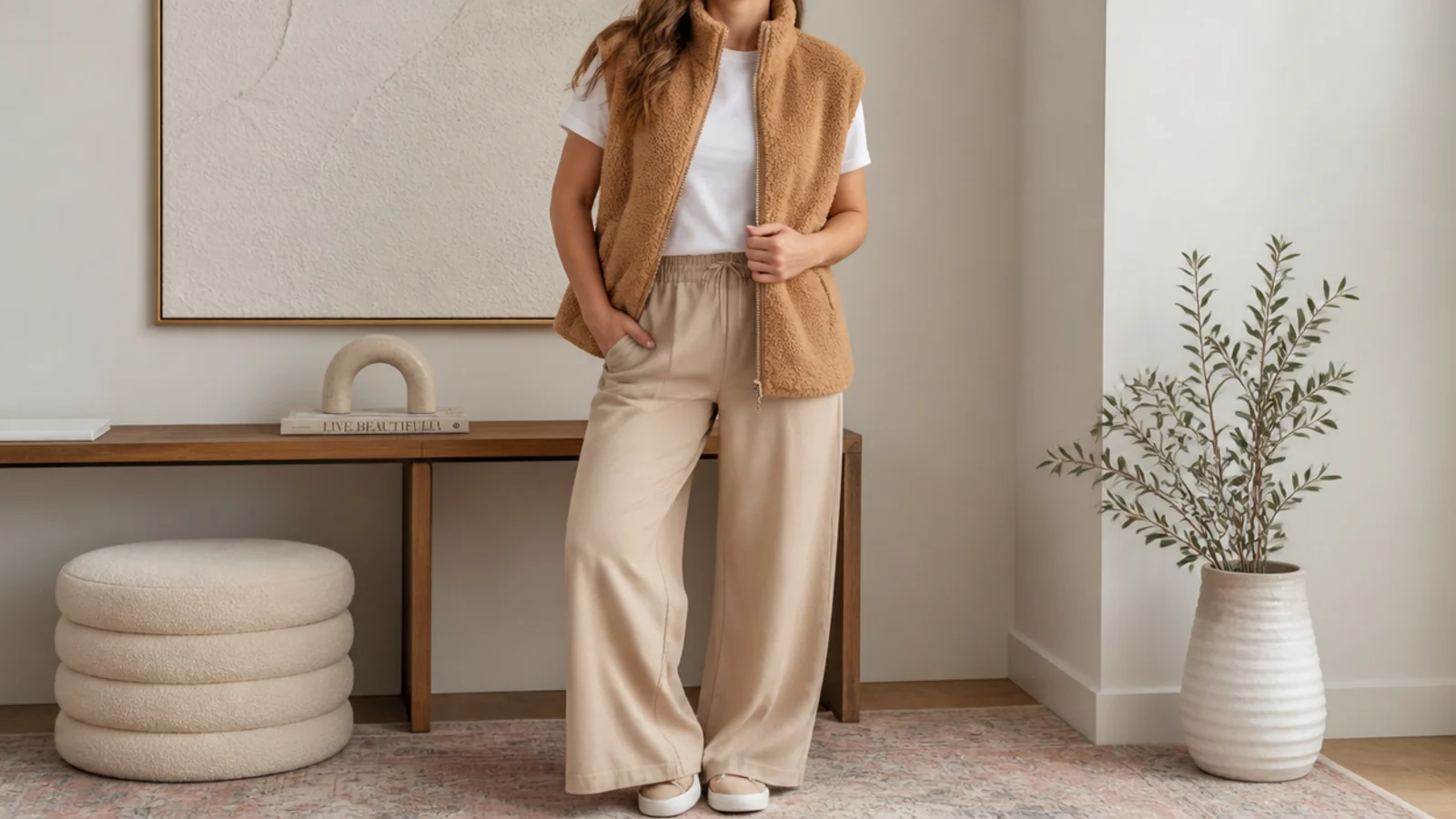 Faceless waist-up shot of a camel teddy-fleece vest over a white tee with beige wide-leg pants