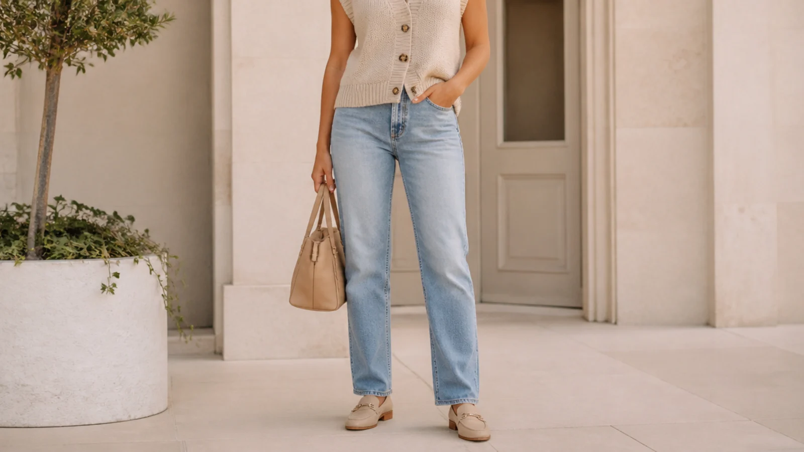 Faceless full-length shot of a beige knit vest with straight-leg jeans and loafers