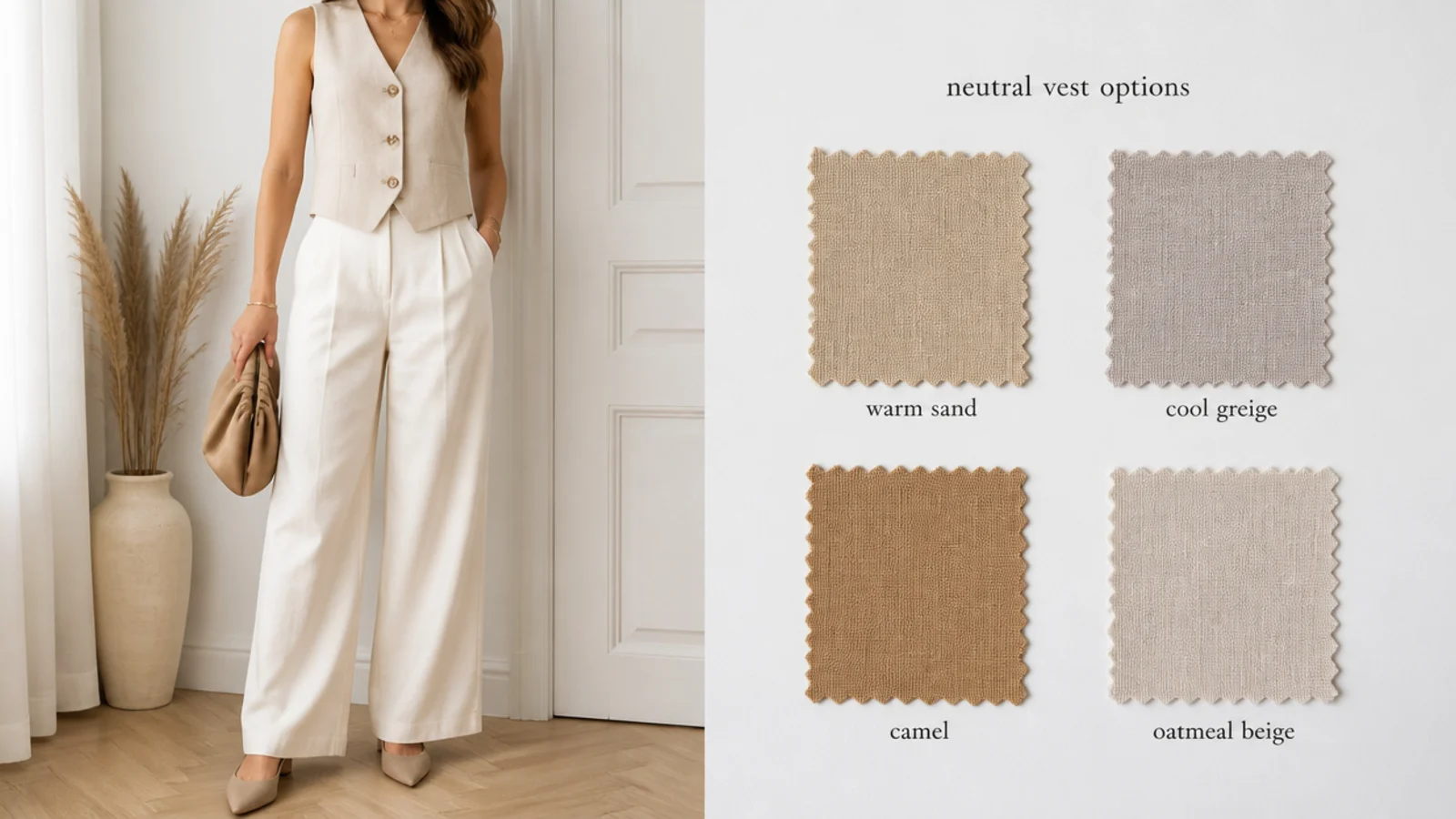 Faceless flat-lay comparing warm sand, cool greige, camel and oatmeal beige vest swatches