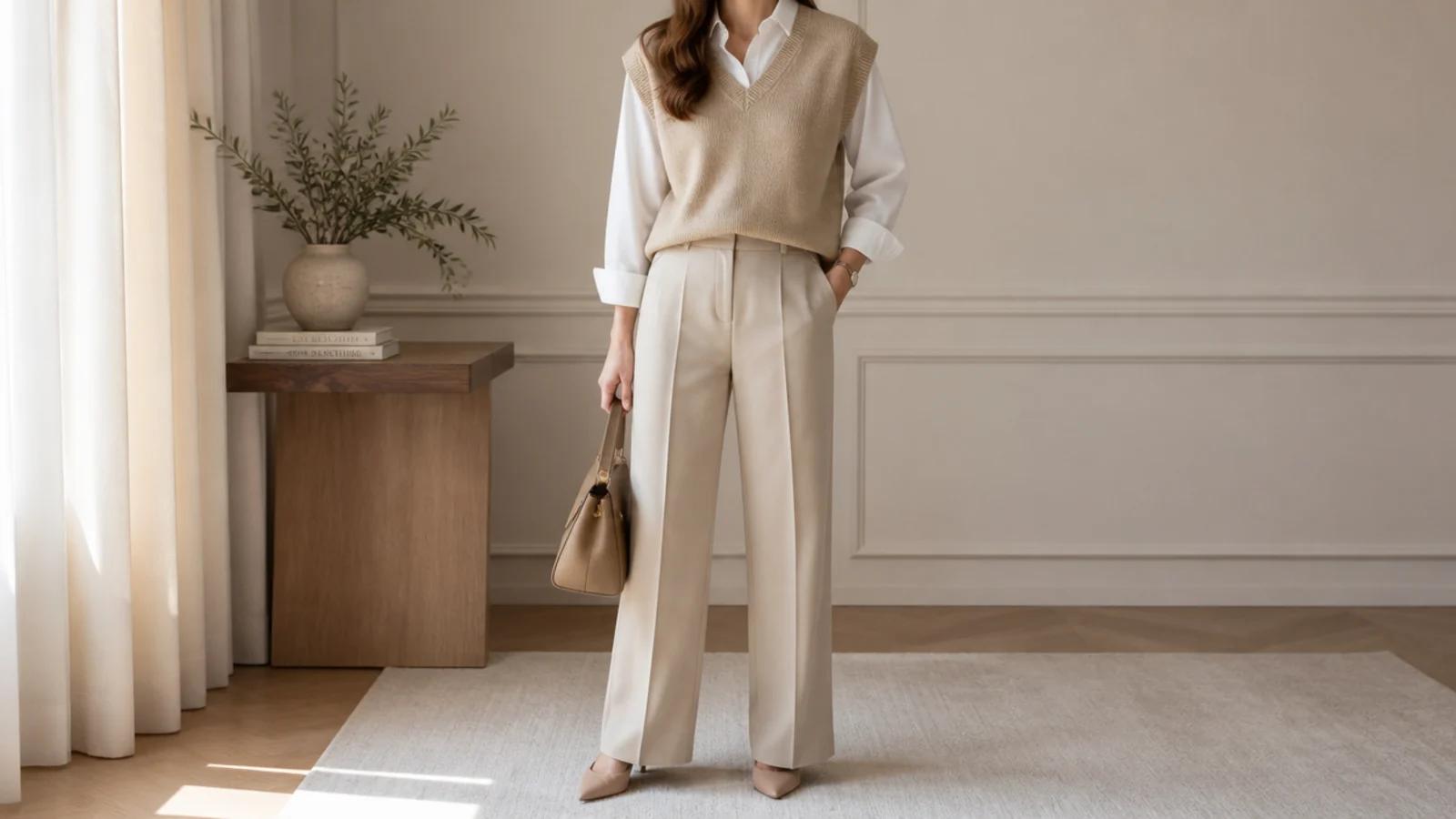 Faceless beige sweater vest outfit layered over a white shirt with tailored trousers