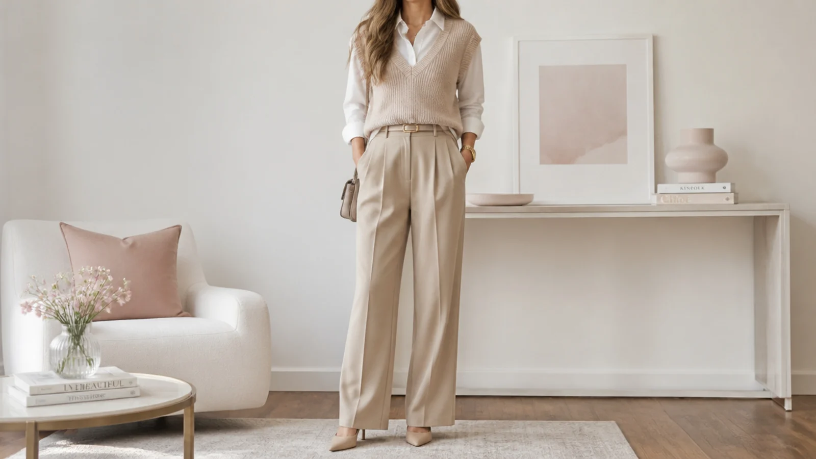 Faceless waist-up shot of a beige sweater vest half-tucked over a white shirt with a defined waist