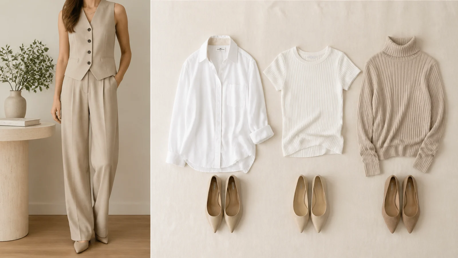 Faceless flat-lay of base layers for a beige vest - white button-down, ribbed tee and fitted turtleneck