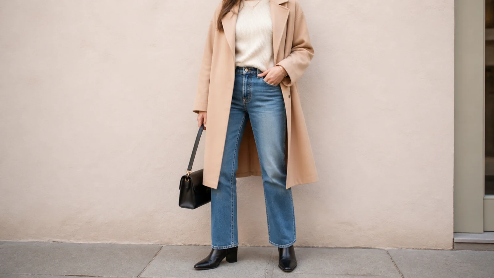 Faceless capsule outfit with mid-wash straight-leg jeans breaking gently over black leather ankle boots