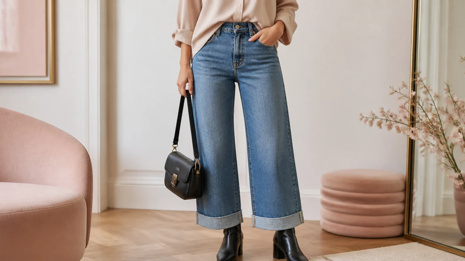 Faceless outfit with cuffed wide-leg jeans sitting just above black leather ankle boots