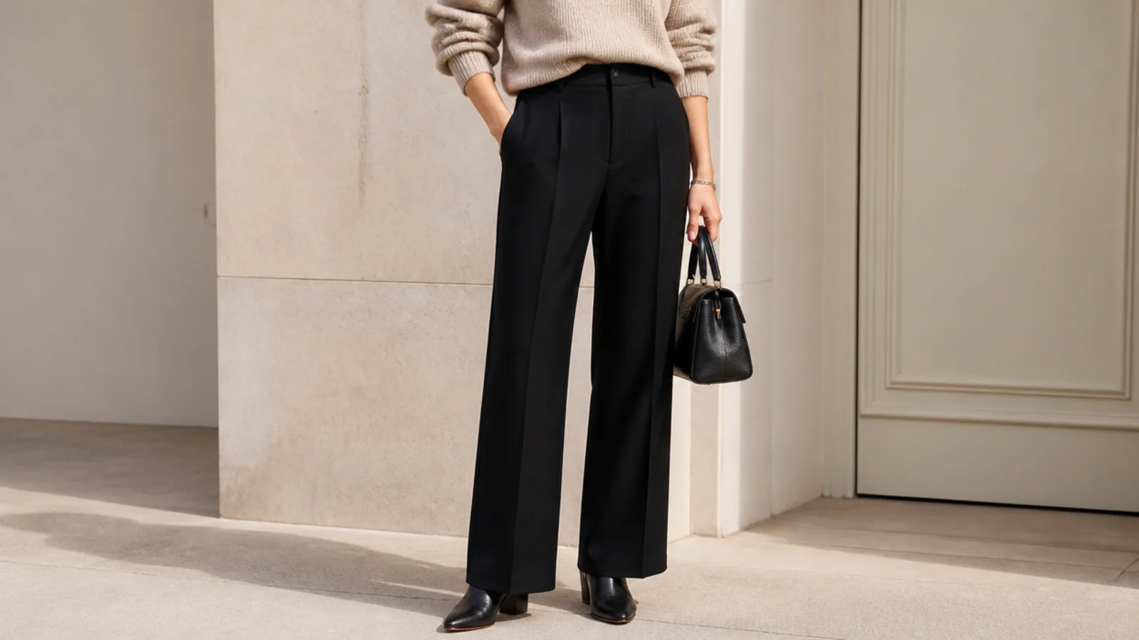 Faceless outfit with black tailored trousers grazing the top of black leather ankle boots