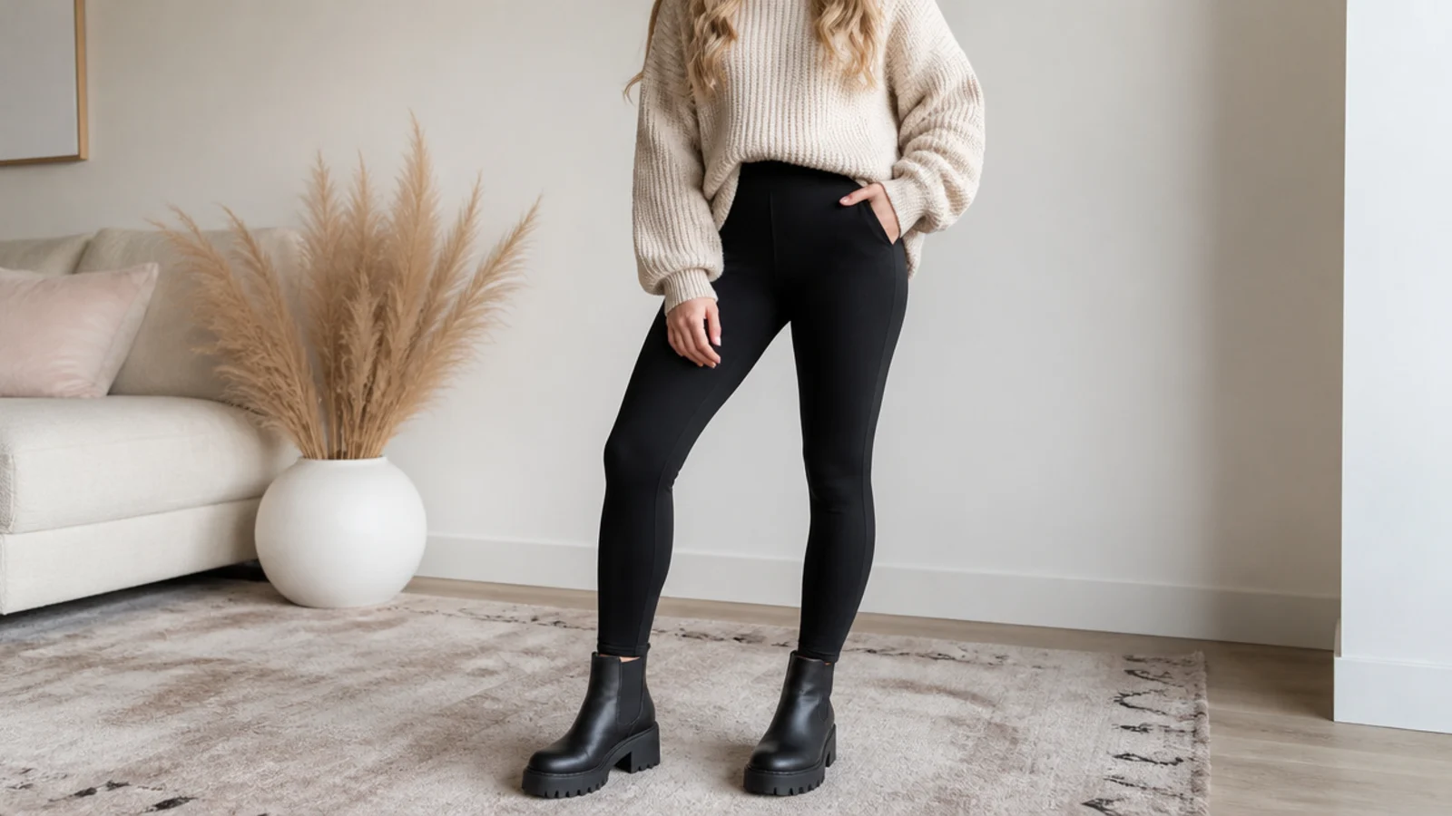 Faceless outfit with black leggings, an oversized knit and chunky black leather ankle boots