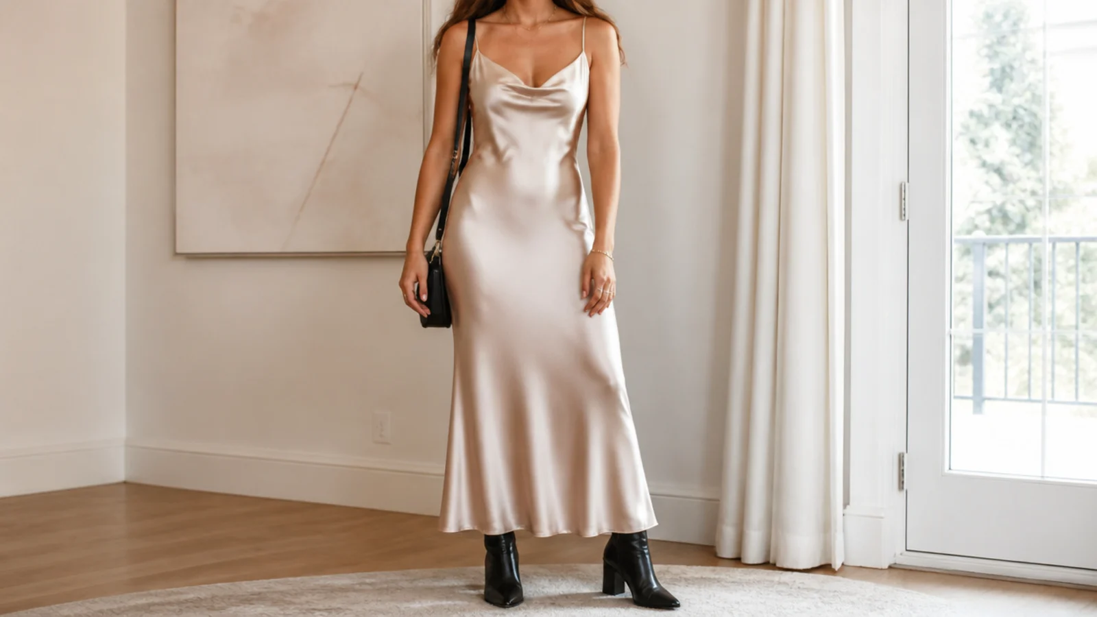 Faceless outfit with a satin slip dress and black leather ankle boots for an edgy date-night look