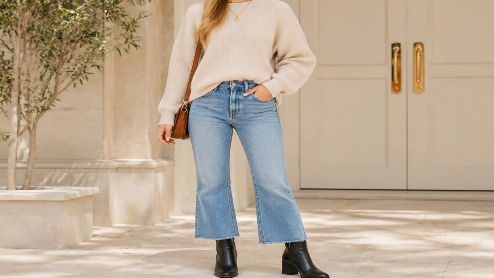 Faceless outfit with cropped flare jeans ending at the ankle above black leather ankle boots
