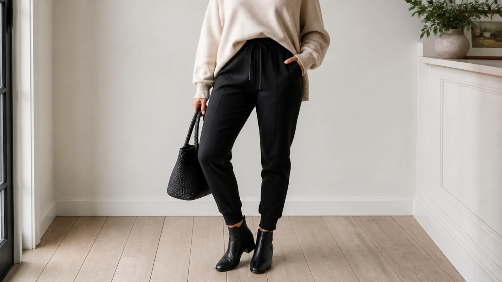 Faceless outfit with tapered black joggers and low black leather ankle boots for elevated athleisure