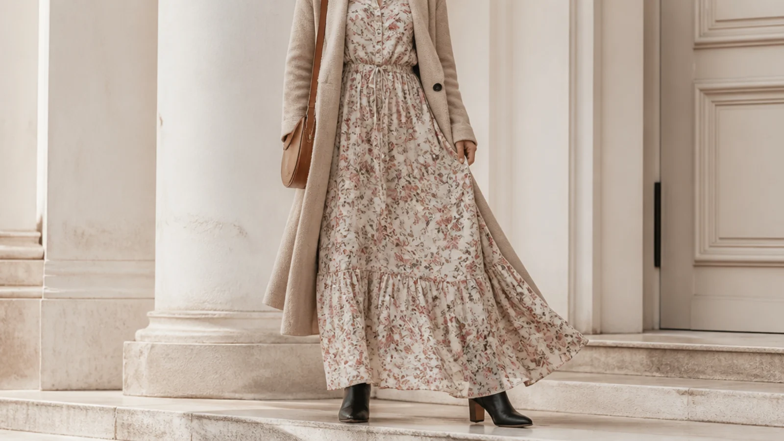 Faceless outfit with a flowing maxi dress and black leather ankle boots peeking out at the hem