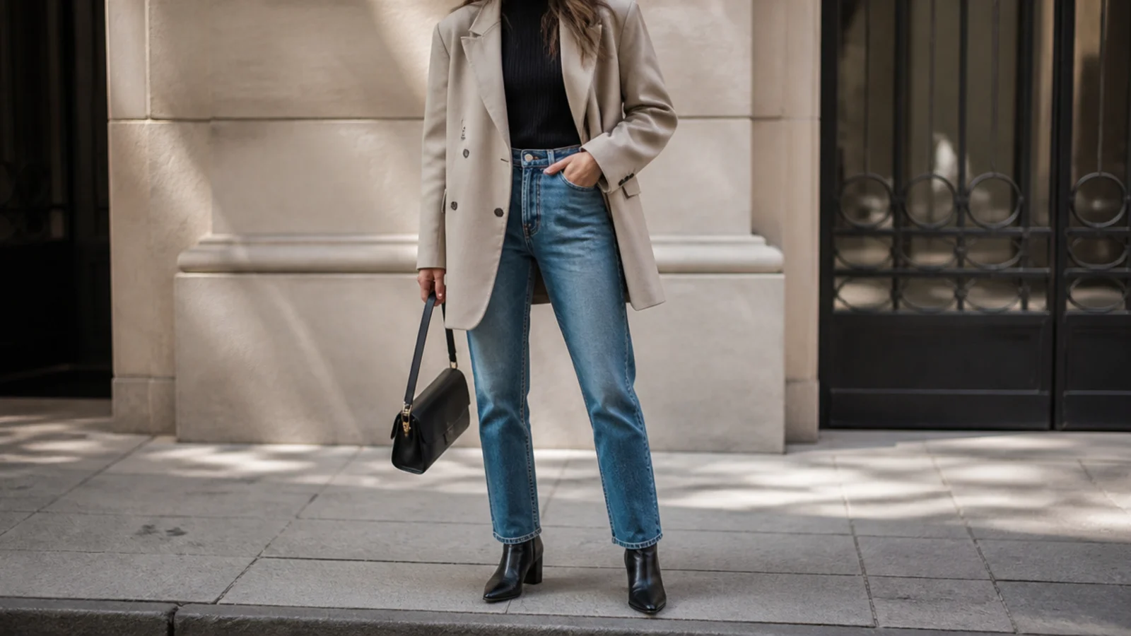 Faceless outfit with an oversized blazer, straight jeans and black leather ankle boots