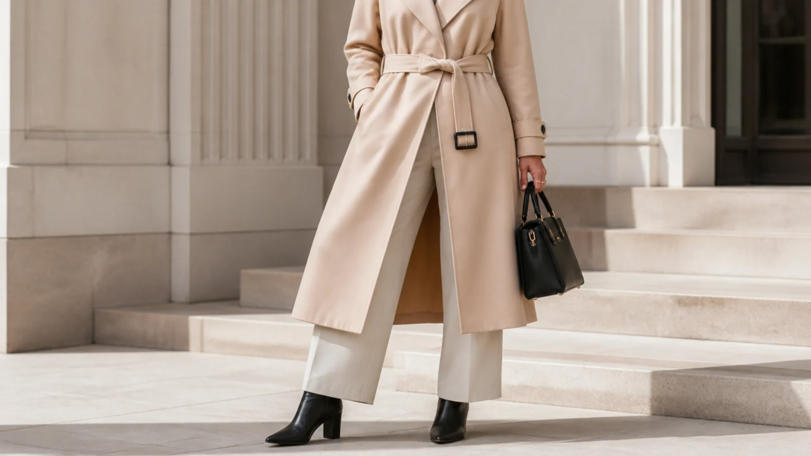 Faceless outfit with a belted trench coat, tailored trousers and black leather ankle boots