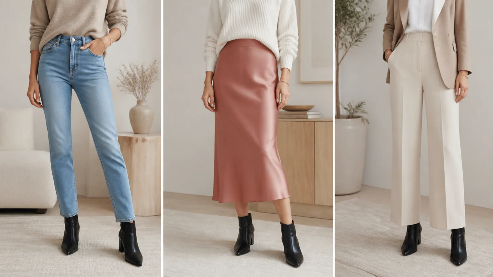 Faceless split styling of one black ankle boot worn with jeans, a skirt and tailored trousers