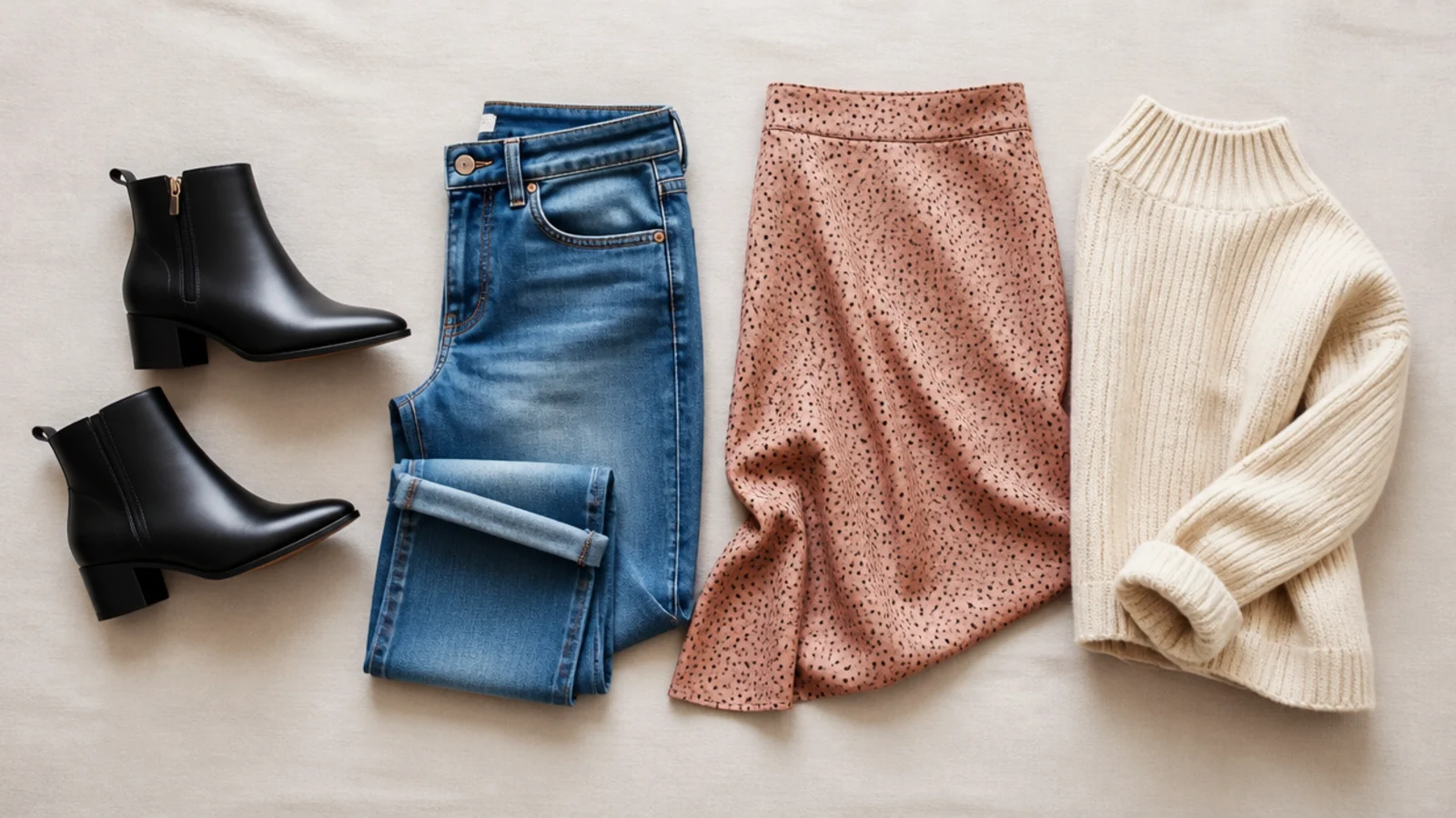 Faceless styled flat lay of black ankle boots beside folded jeans, a skirt and a knit for a capsule