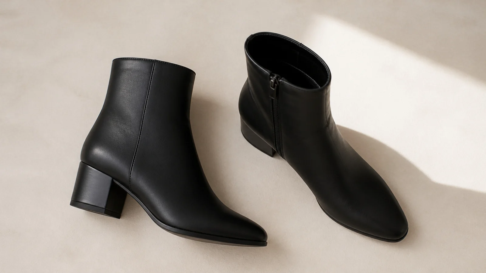 Faceless flat lay of one pair of matte black leather almond-toe ankle boots on a neutral background