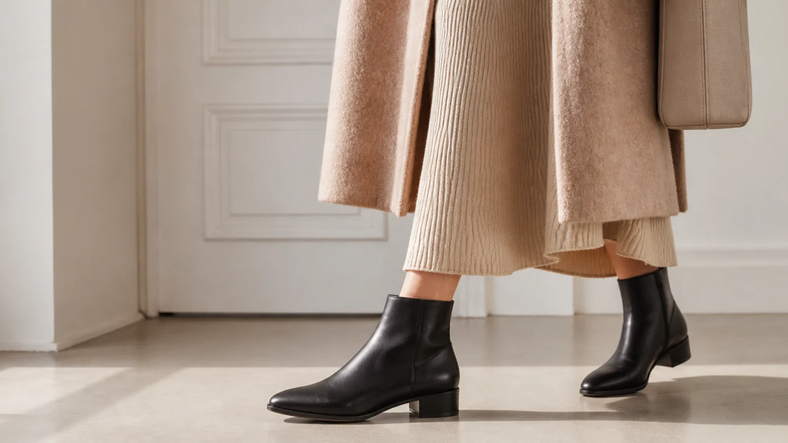 Faceless close-up of a black leather almond-toe ankle boot on a low block heel