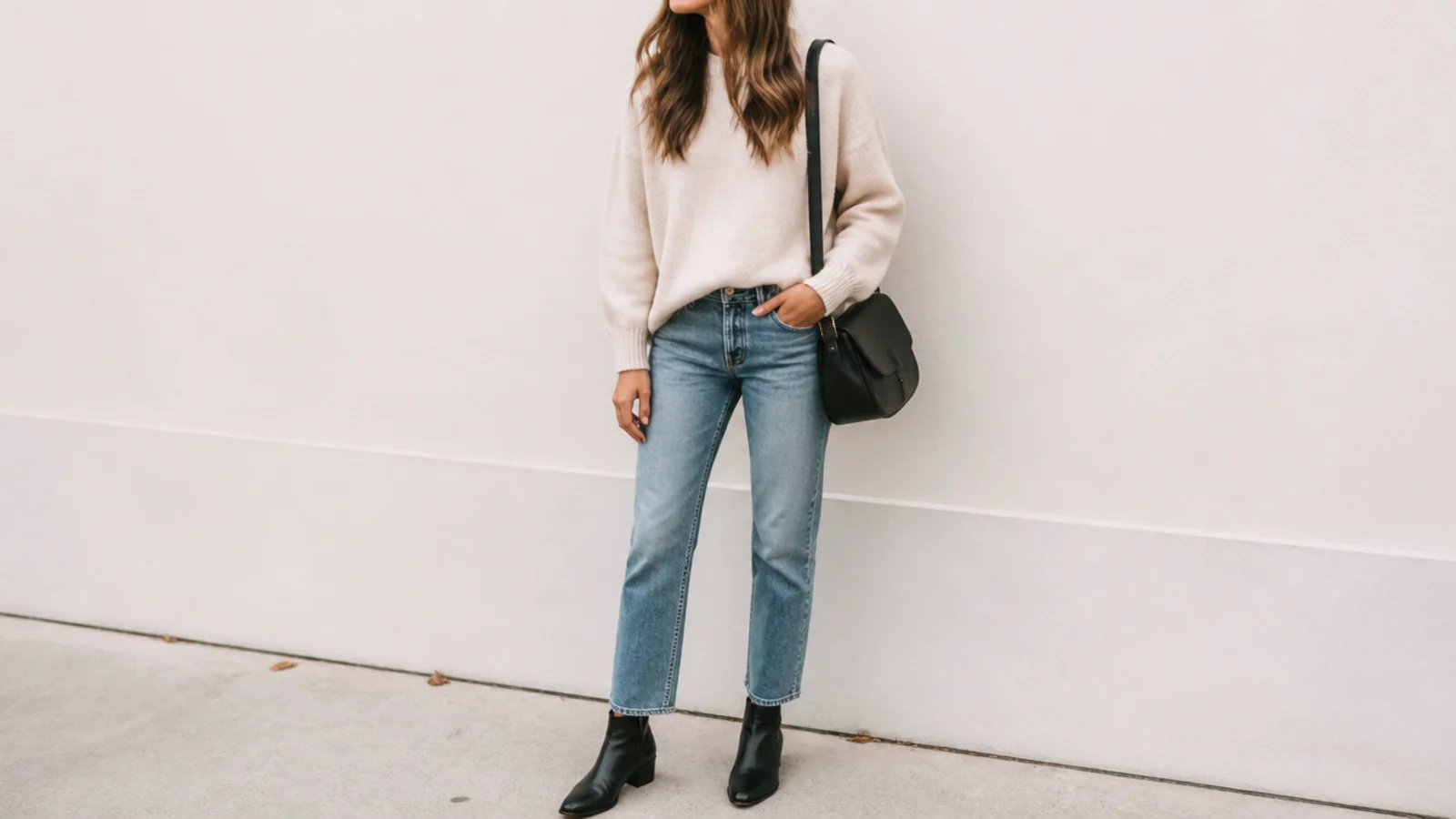 Faceless black ankle boot outfit with straight jeans and a matte black leather bootie