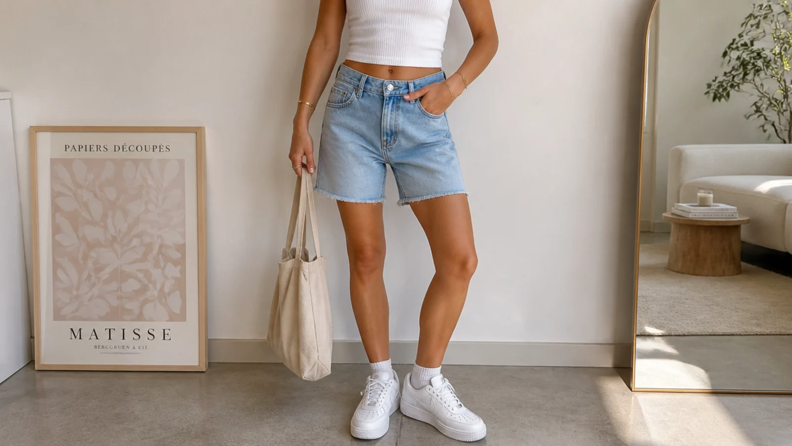 Faceless outfit with light-wash blue denim jorts, a fitted white ribbed baby tee and white Air Force 1 sneakers