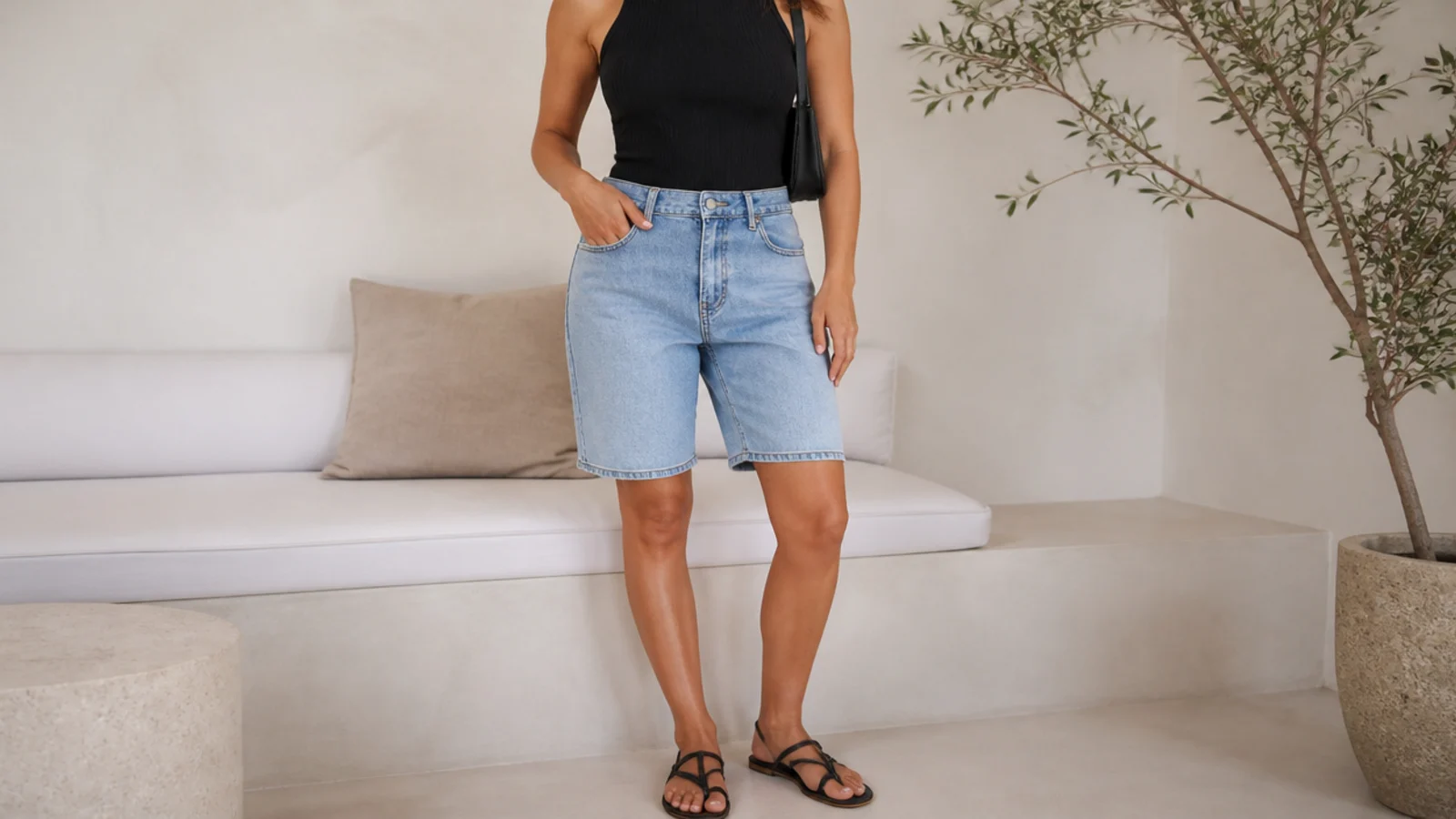Faceless outfit with light-wash blue jorts, a fitted black rib tank and black strappy flat sandals