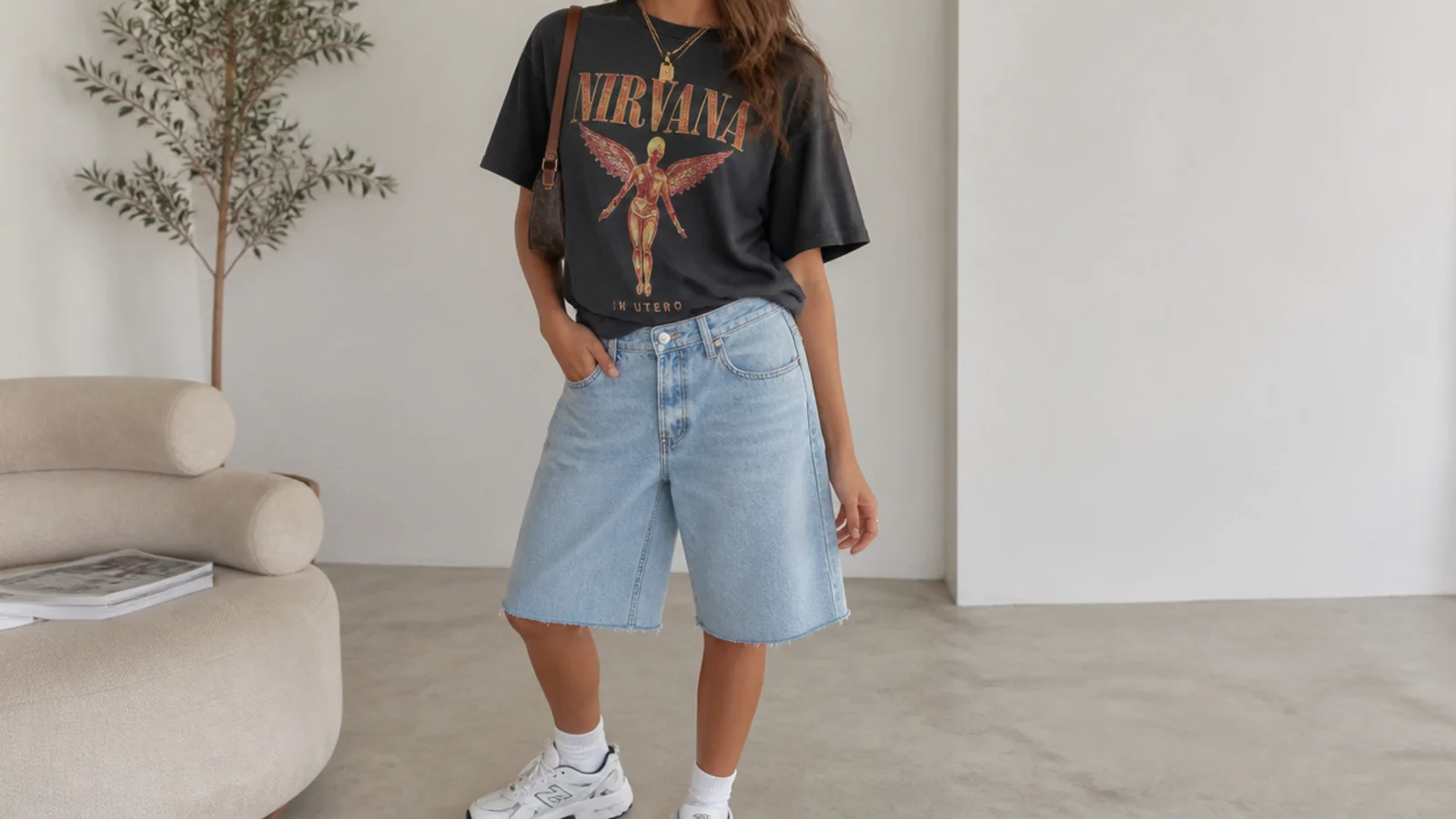 Faceless Y2K outfit with baggy light-wash blue jorts, a vintage band graphic tee and chunky white sneakers
