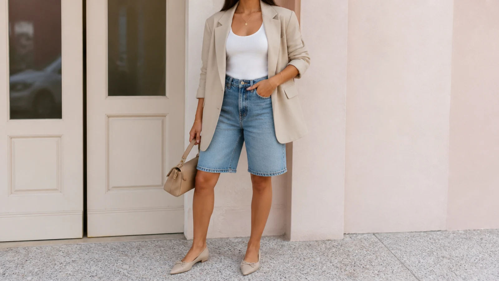 Faceless outfit with mid-wash blue jorts, a fitted white tank, an open beige blazer and pointed flats