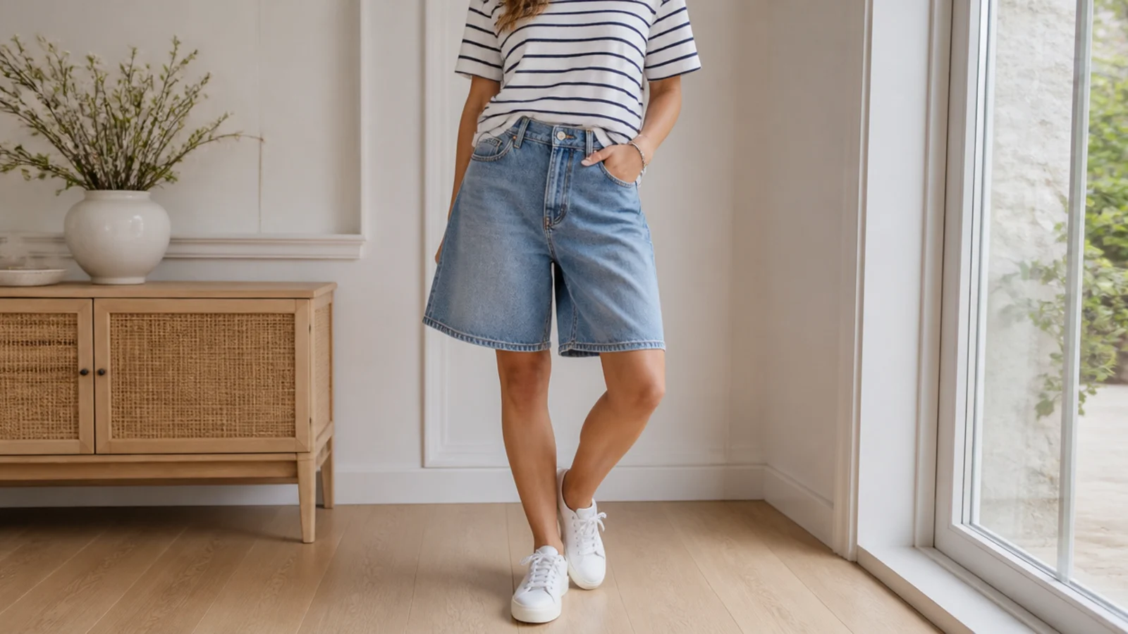 Faceless outfit with mid-wash blue denim jorts, a navy and white striped boat-neck tee and white sneakers