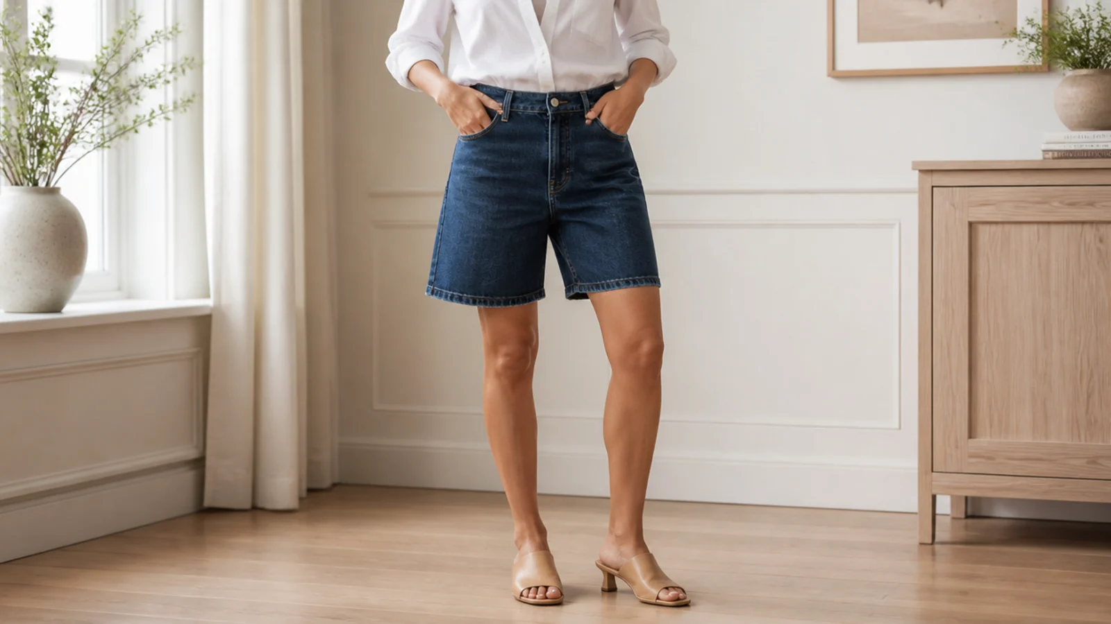 Faceless outfit with dark indigo blue jorts, a crisp white poplin shirt tucked in and tan mules