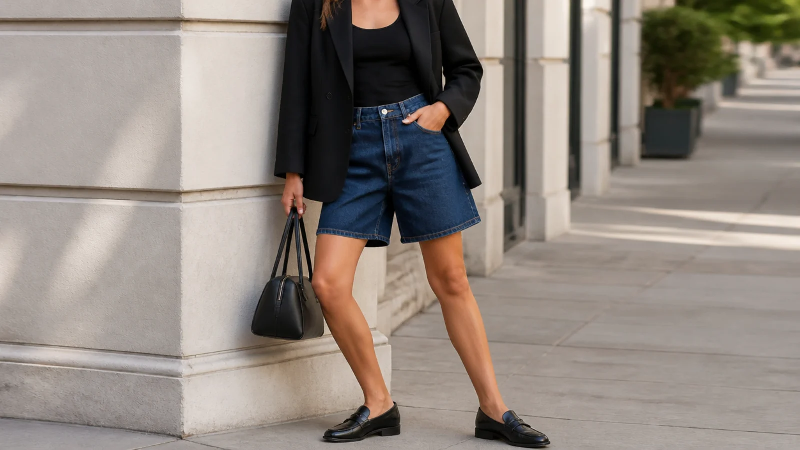 Faceless outfit with dark blue denim jorts, a black fitted tank, a structured black blazer and black loafers