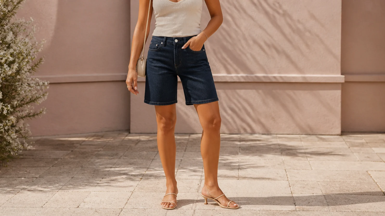 Faceless going-out outfit with dark indigo blue jorts, a fitted cream rib tank and nude heeled sandals