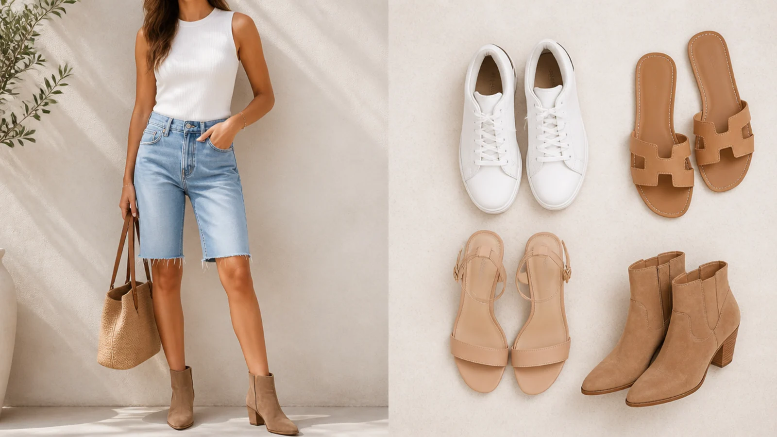 Faceless flat-lay of white sneakers, tan flat sandals, nude heeled sandals and tan ankle boots for blue jorts