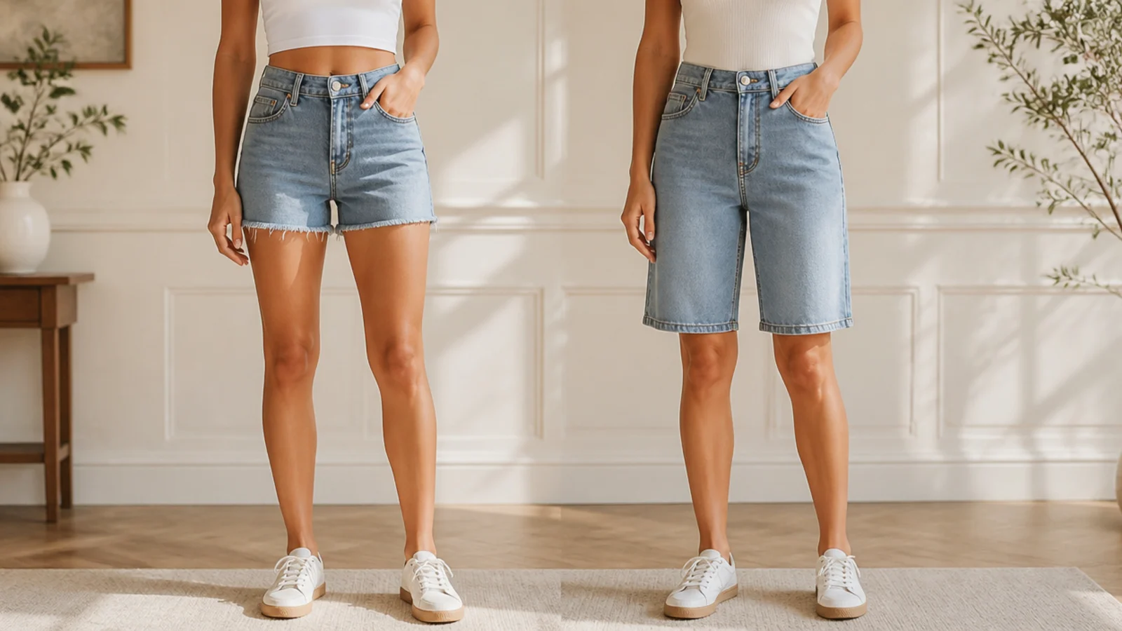 Faceless side-by-side of a mid-thigh high-rise blue jort and a longer bermuda blue jort for proportion