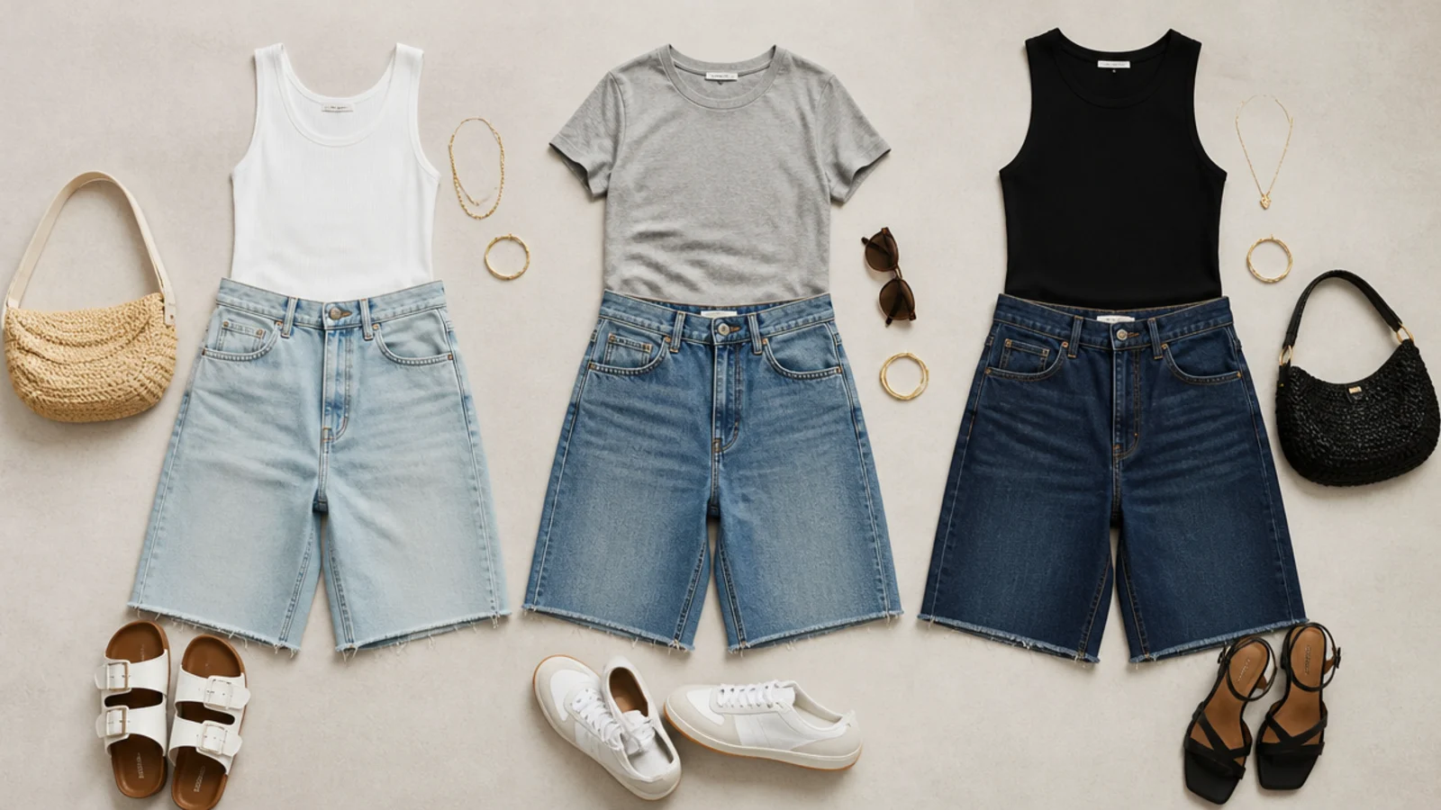 Faceless flat-lay comparing light, mid and dark blue denim jorts with matching tops laid beside each pair