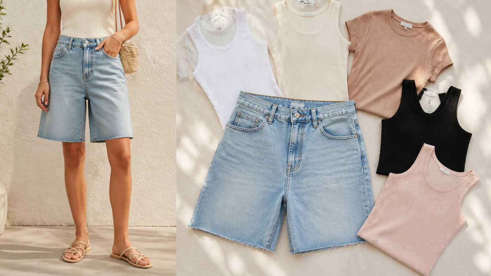 Faceless flat-lay of light-wash blue jorts beside white, cream, tan, black and pastel top swatches
