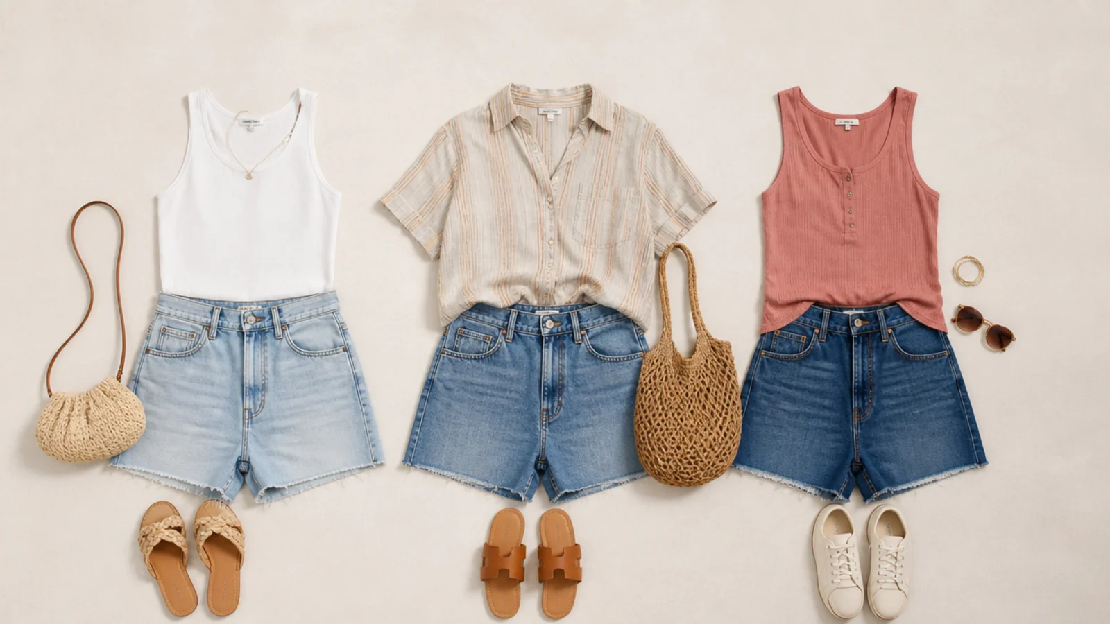 Faceless flat-lay of light, mid and dark blue denim jorts styled with tops and shoes for summer