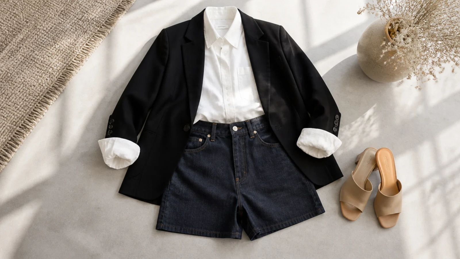 Faceless outfit flat-lay of dark indigo blue jorts with a white poplin shirt, black blazer and tan mules
