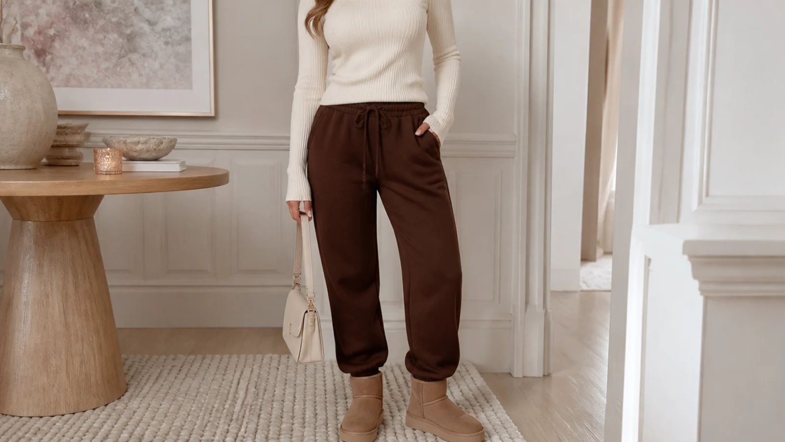 Faceless fall outfit with chocolate brown sweatpants, a fitted cream ribbed knit sweater and tan suede boots
