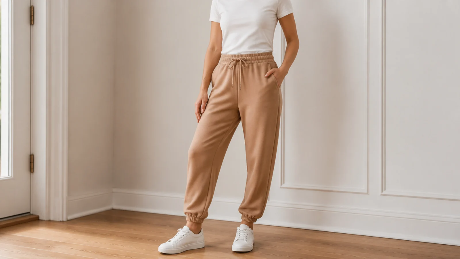 Faceless outfit with camel brown sweatpants, a fitted white crew-neck tee tucked in and white leather sneakers