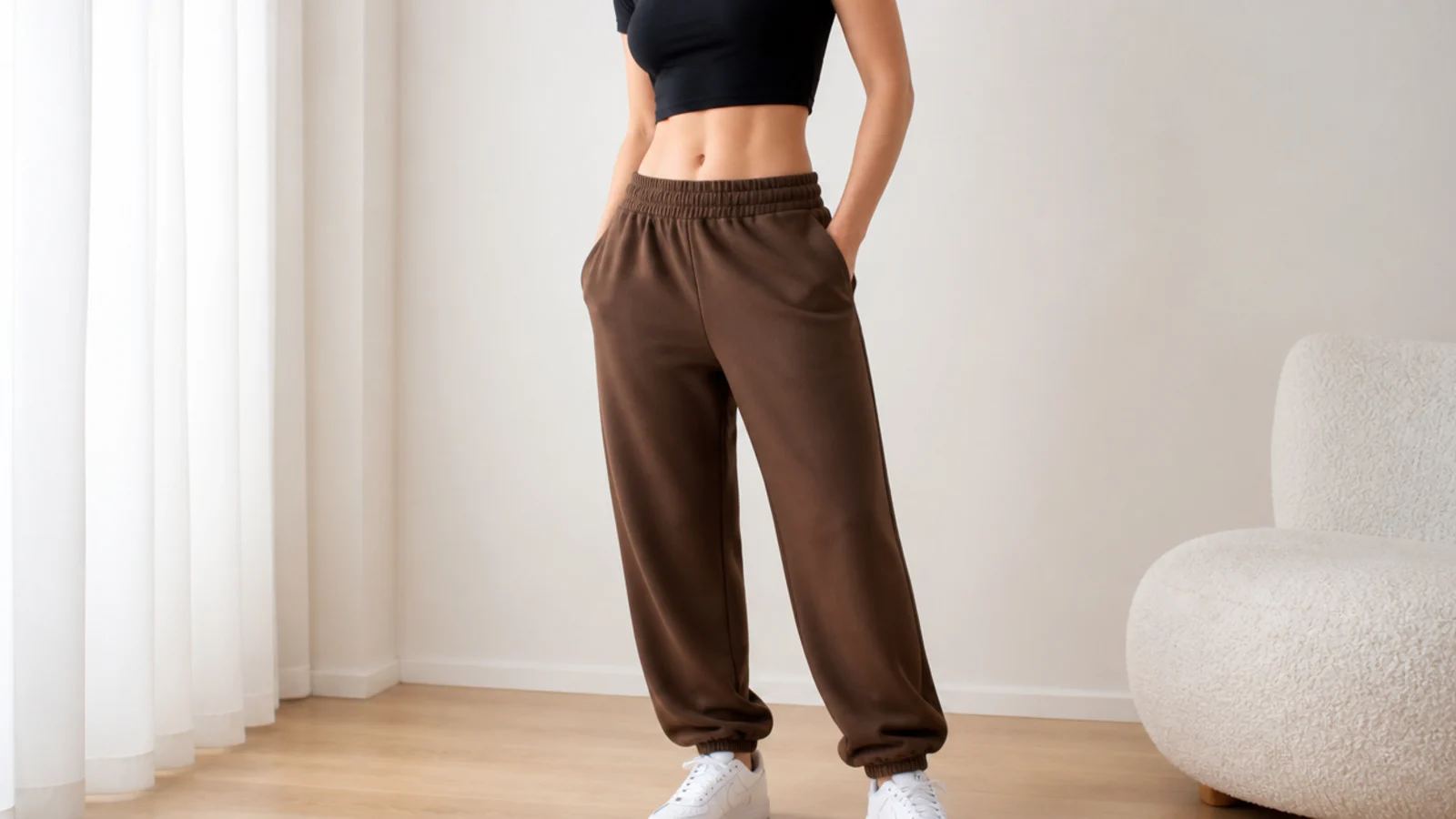 Faceless outfit with chocolate brown sweatpants, a fitted black cropped top showing the waistband and white sneakers