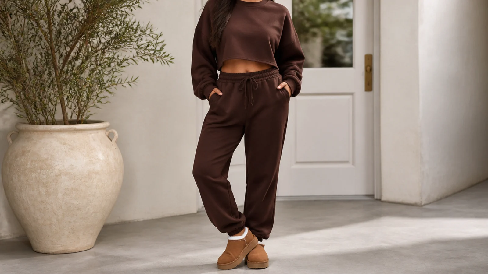 Faceless outfit with a matching chocolate brown sweatsuit set, a cropped sweatshirt and matching joggers with tan Uggs