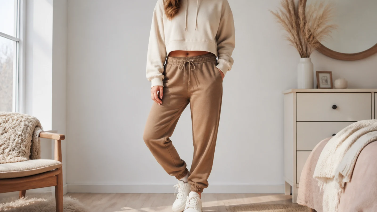 Faceless cozy outfit with camel brown sweatpants, a cropped oatmeal pullover hoodie and cream sneakers