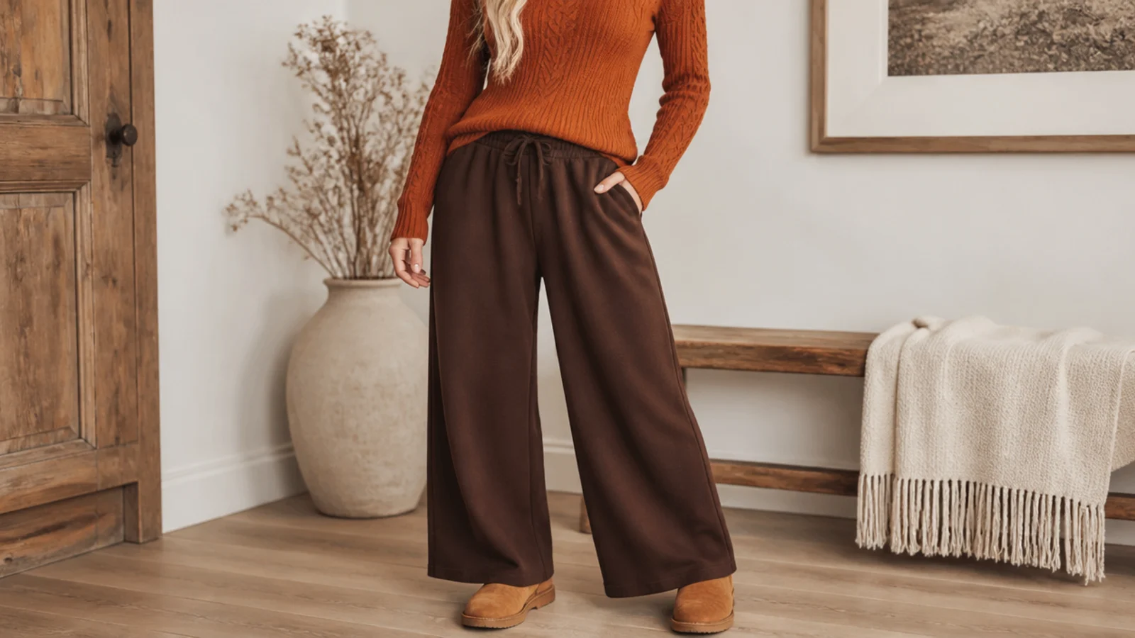 Faceless fall outfit with chocolate brown sweatpants, a fitted rust orange knit sweater and tan suede boots