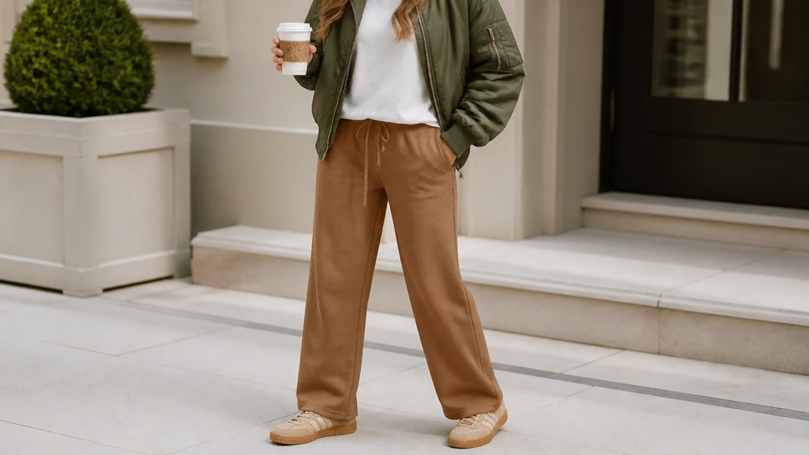 Faceless outfit with camel brown sweatpants, a white tee and an olive green bomber jacket with tan suede sneakers