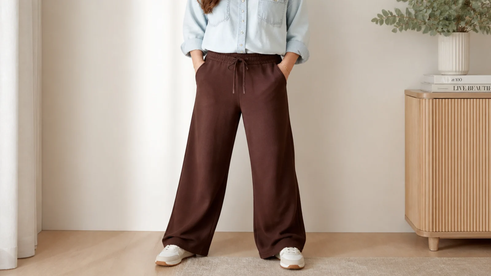Faceless outfit with wide-leg chocolate brown sweatpants, a light-wash denim shirt tucked in and white sneakers