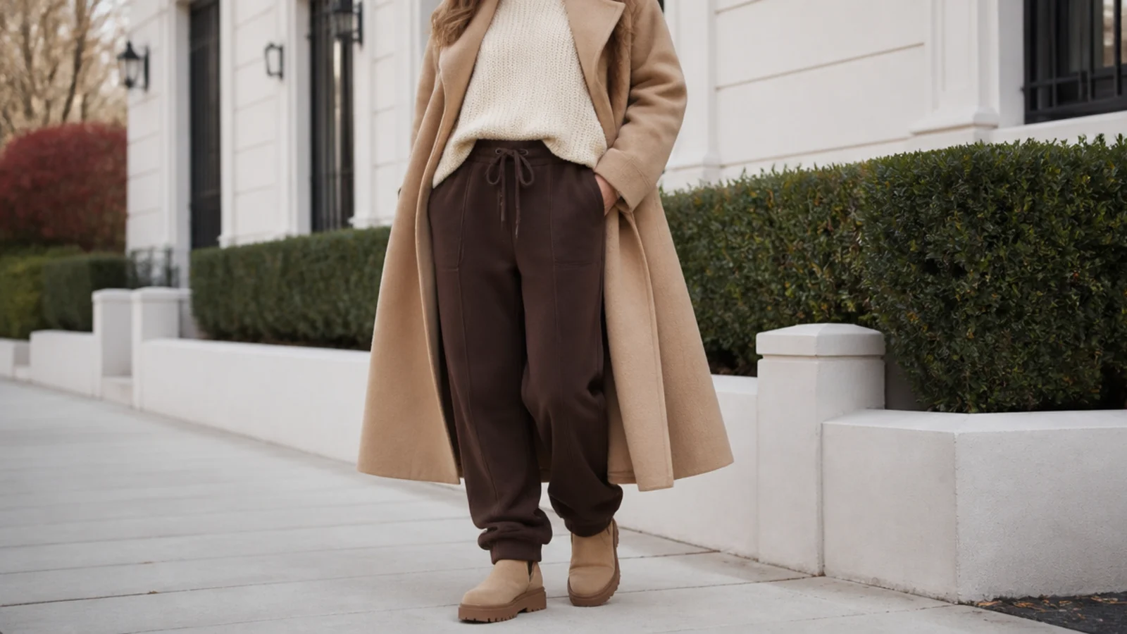 Faceless cold-weather outfit with chocolate brown sweatpants, a cream knit and a long camel wool overcoat with tan boots