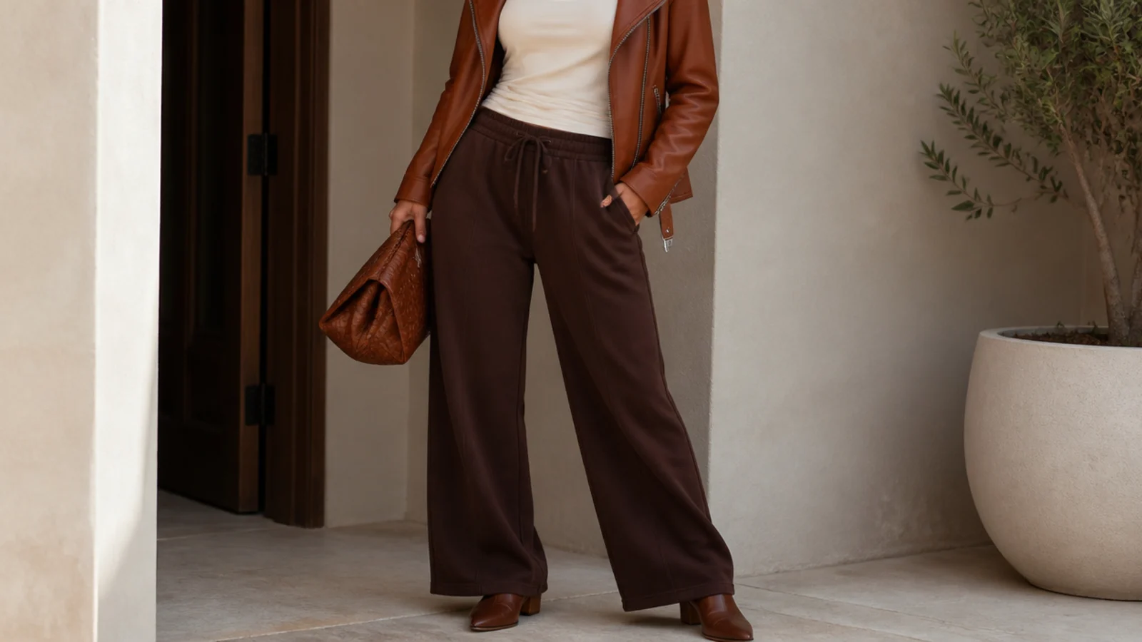 Faceless evening outfit with espresso brown sweatpants, a fitted cream top and a cognac leather moto jacket with ankle boots