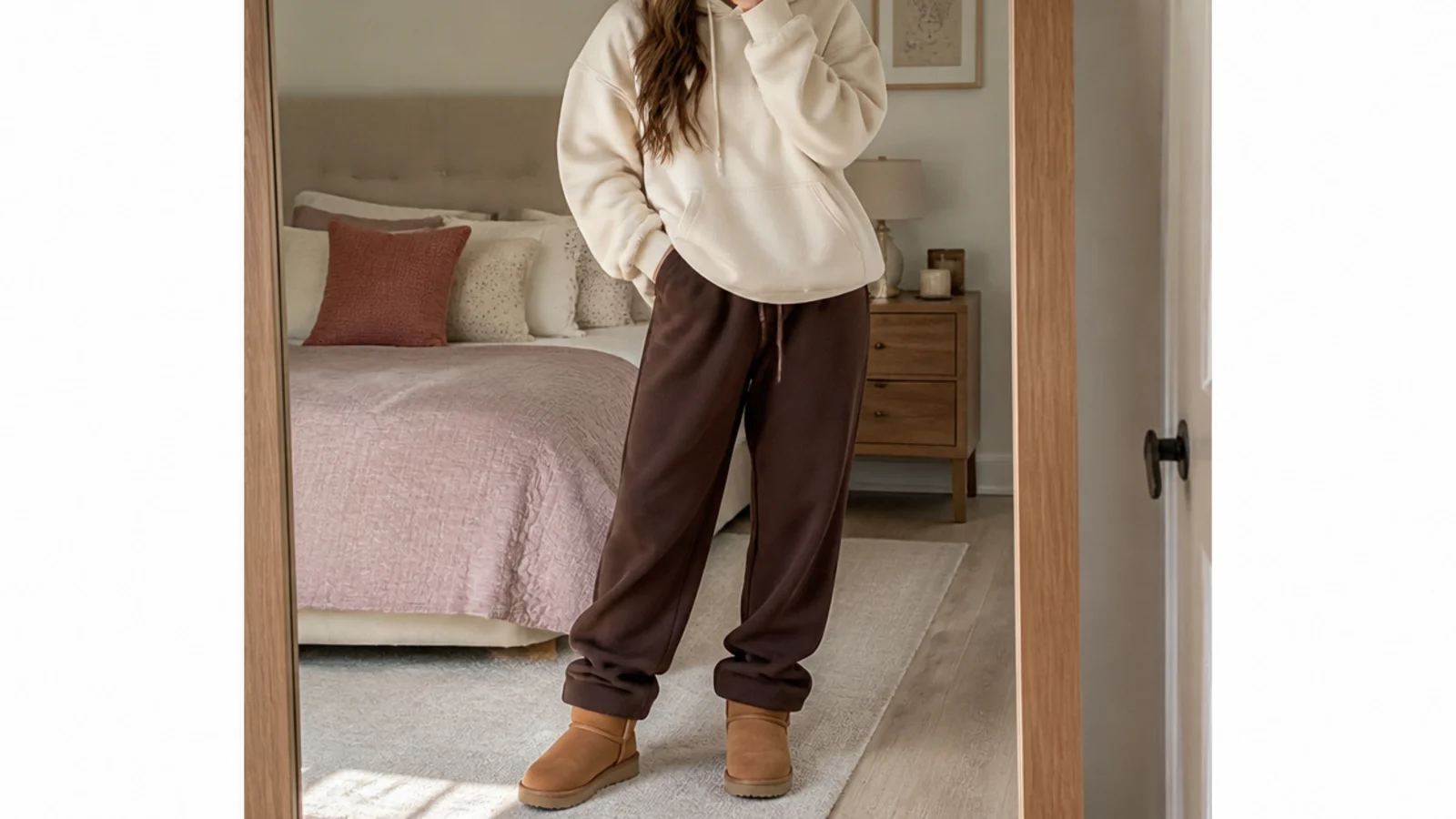 Faceless cozy outfit with chocolate brown sweatpants stacked over chestnut tan Ugg mini boots and a cream hoodie
