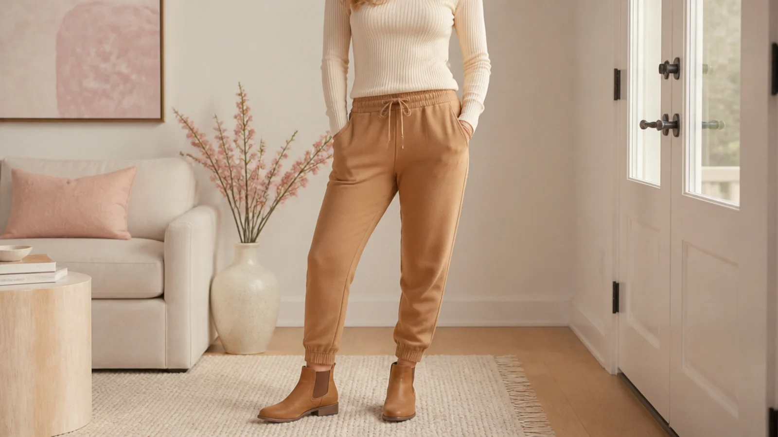 Faceless outfit with camel brown sweatpants tapered into tan leather Chelsea boots and a fitted cream knit
