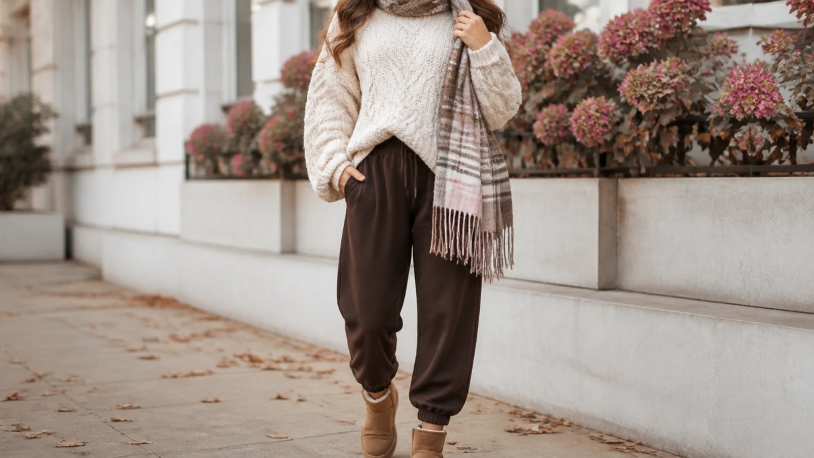 Faceless fall outfit with chocolate brown sweatpants, an oversized cream chunky cable-knit sweater, a plaid scarf and tan boots