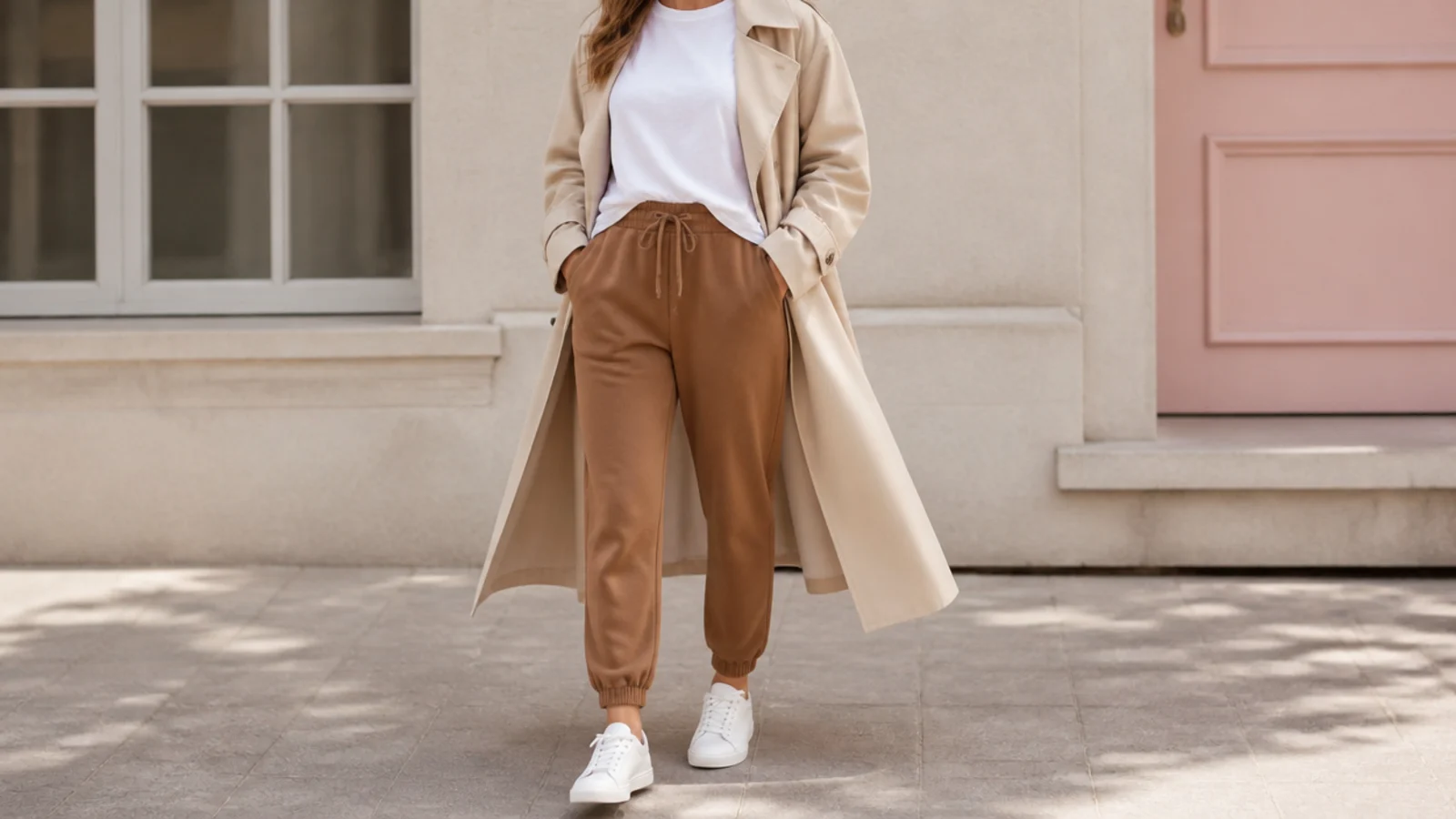Faceless outfit with camel brown sweatpants, a white tee and a classic beige trench coat with white sneakers
